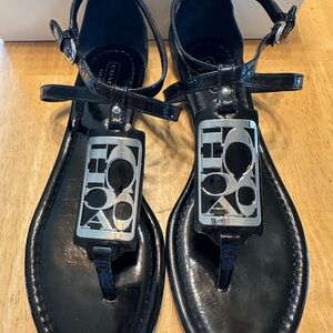 Coach Black and Silver T-Strap Sandals